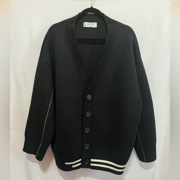 3 AM One of a Kind Unisex XXL Black Preppy Textured Chunky Knit Cardigan Sweater - Picture 2 of 6